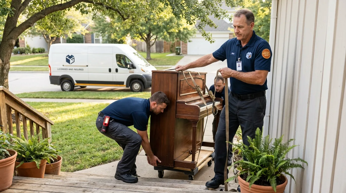 Licensed piano movers securing grand piano in Bolivar, TN