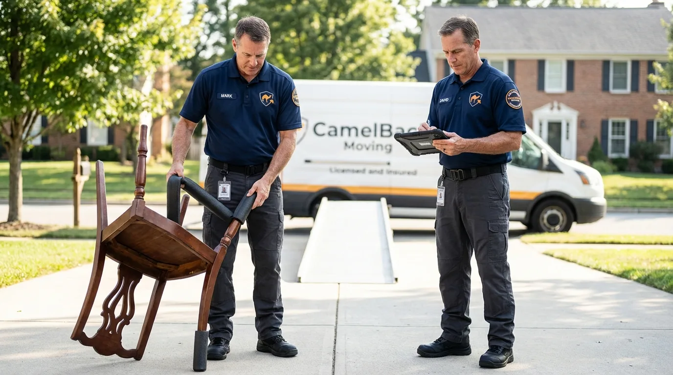 Movers inspecting furniture for damage prevention before loading in Bolivar, TN